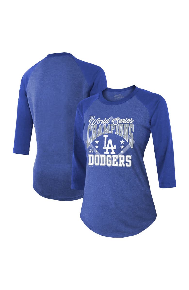 Majestic Threads Women's Majestic Threads Royal Los Angeles Dodgers 2024 World Series Champions Tri-Blend 3/4-Sleeve Raglan T-Shirt, Main, color, 