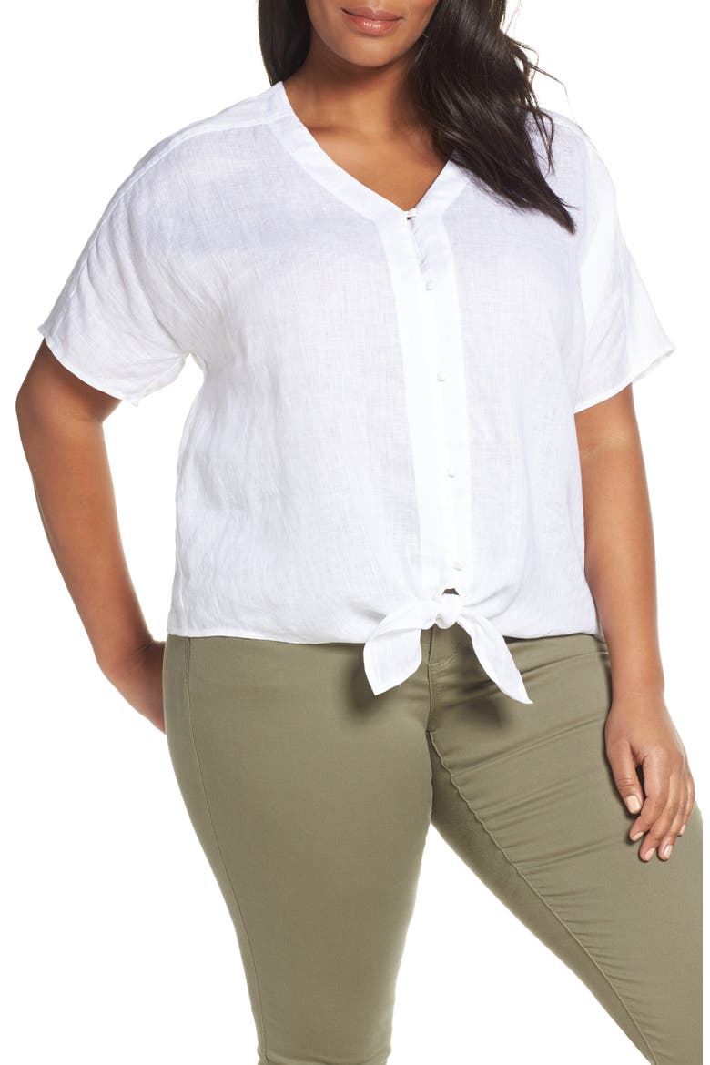 Tie Front Linen Top, Main, color, ULTRA WHITE