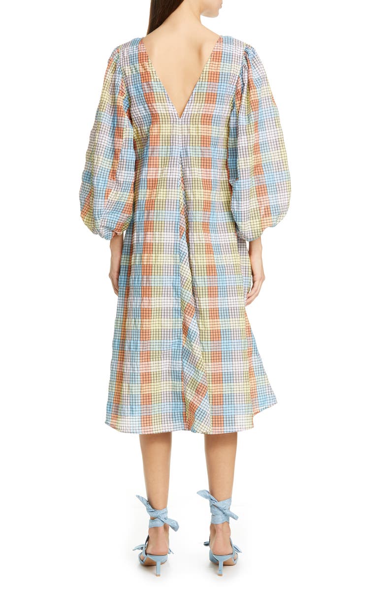 Ganni Plaid Balloon Sleeve Midi Dress, Alternate, color, 