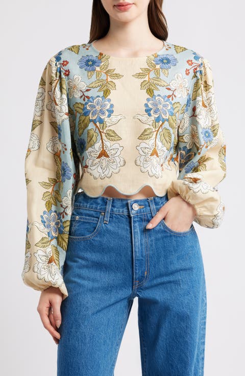 Garden Scarf Print Linen Top