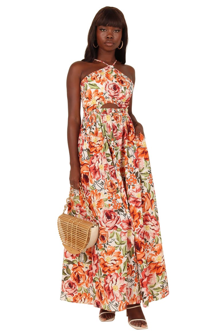 Madeira Cutout Halter Neck Maxi Sundress, Alternate, color, ORANGE FLORAL