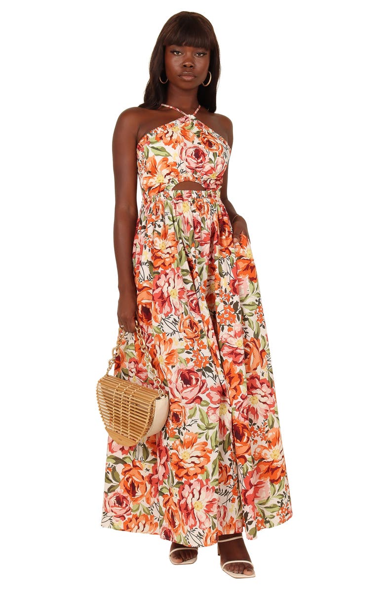 Petal & Pup Madeira Cutout Halter Neck Maxi Sundress, Alternate, color, Orange Floral