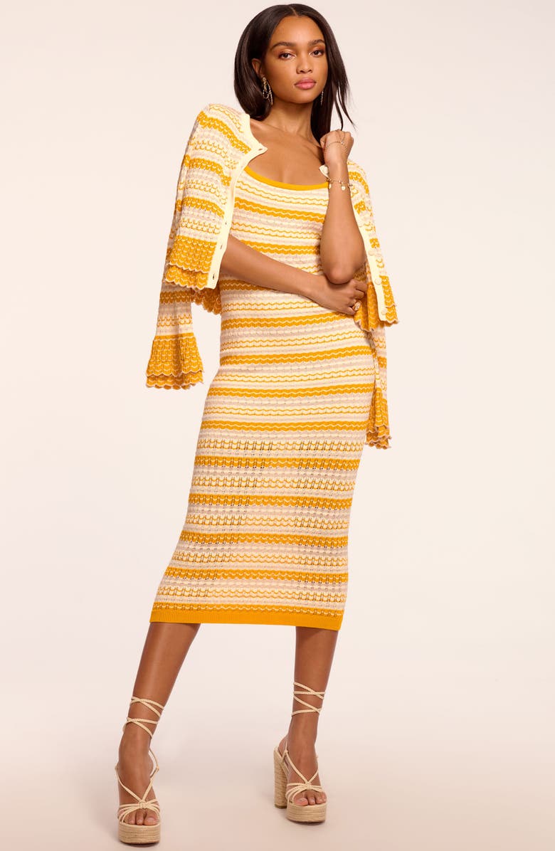 Ramy Brook Kit Pointelle Metallic Knit Body-Con Midi Dress, Alternate, color, Marigold Combo Stripe