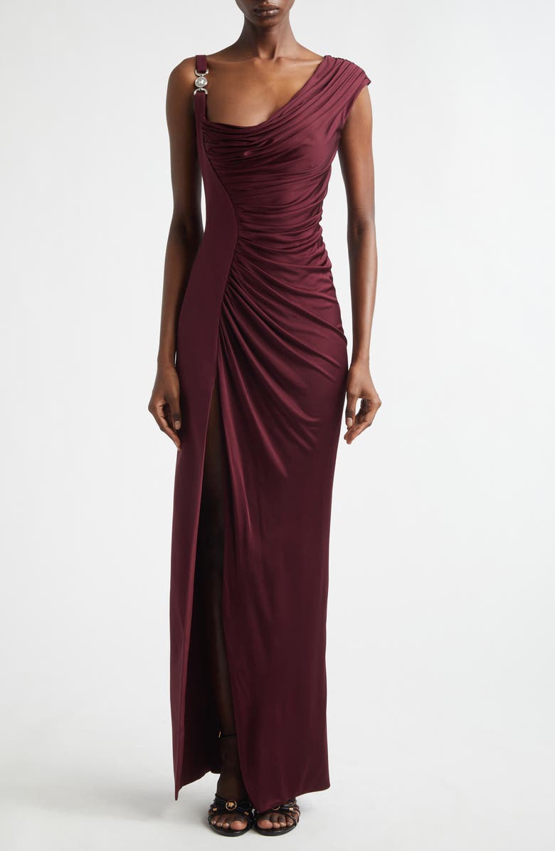 Versace Medusa '95 Draped Crepe & Jersey Gown, Alternate, color, Burgundy
