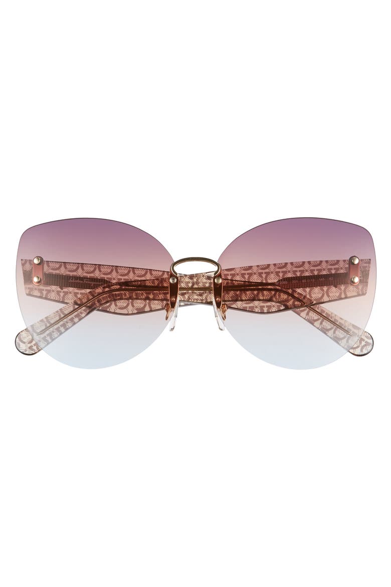 Salvatore Ferragamo 65mm Oversize Rimless Butterfly Sunglasses, Alternate, color, GOLD/ VIOLET ORANGE AZURE