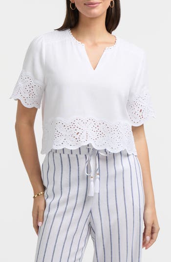 Ellen Tracy Embroidered Eyelet Short Sleeve Popover Top
