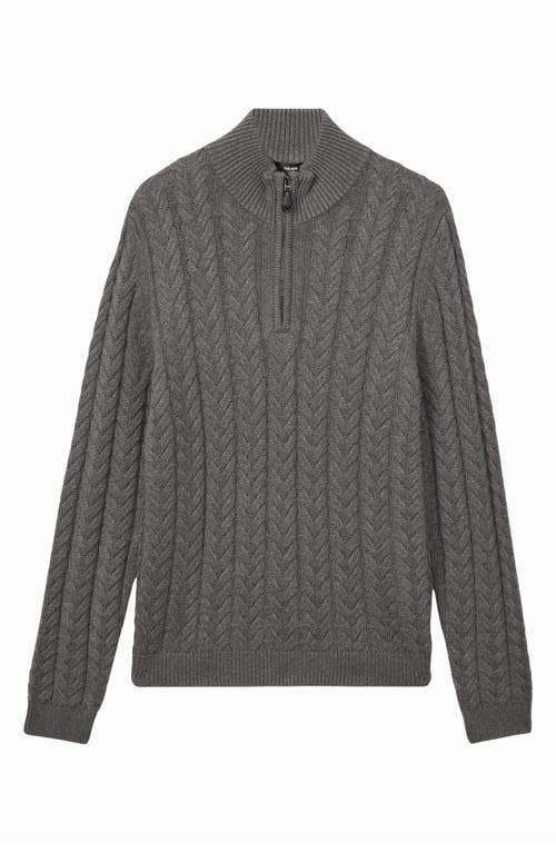 Reiss Mid Grey Melange Tamworth Cabled Zip-neck Jumper With Cotton And Wool
