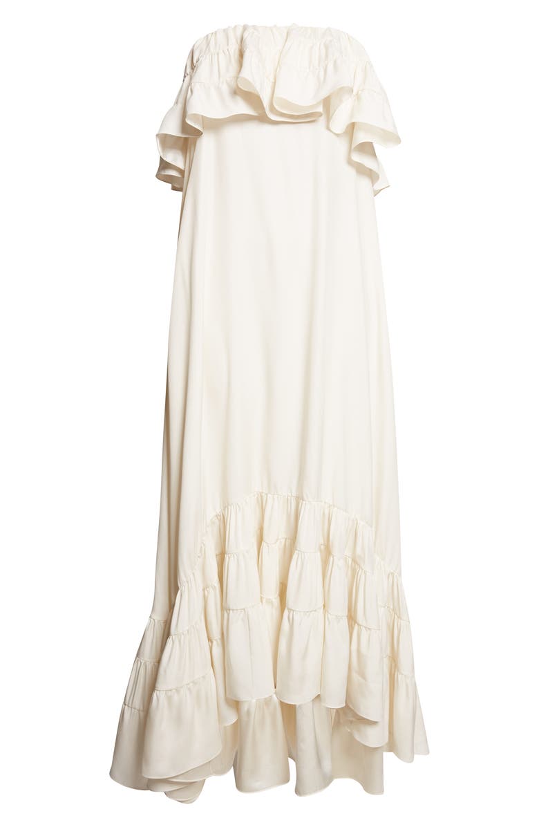 Saint Laurent Ruffled Strapless Silk Dress, Alternate, color, Craie