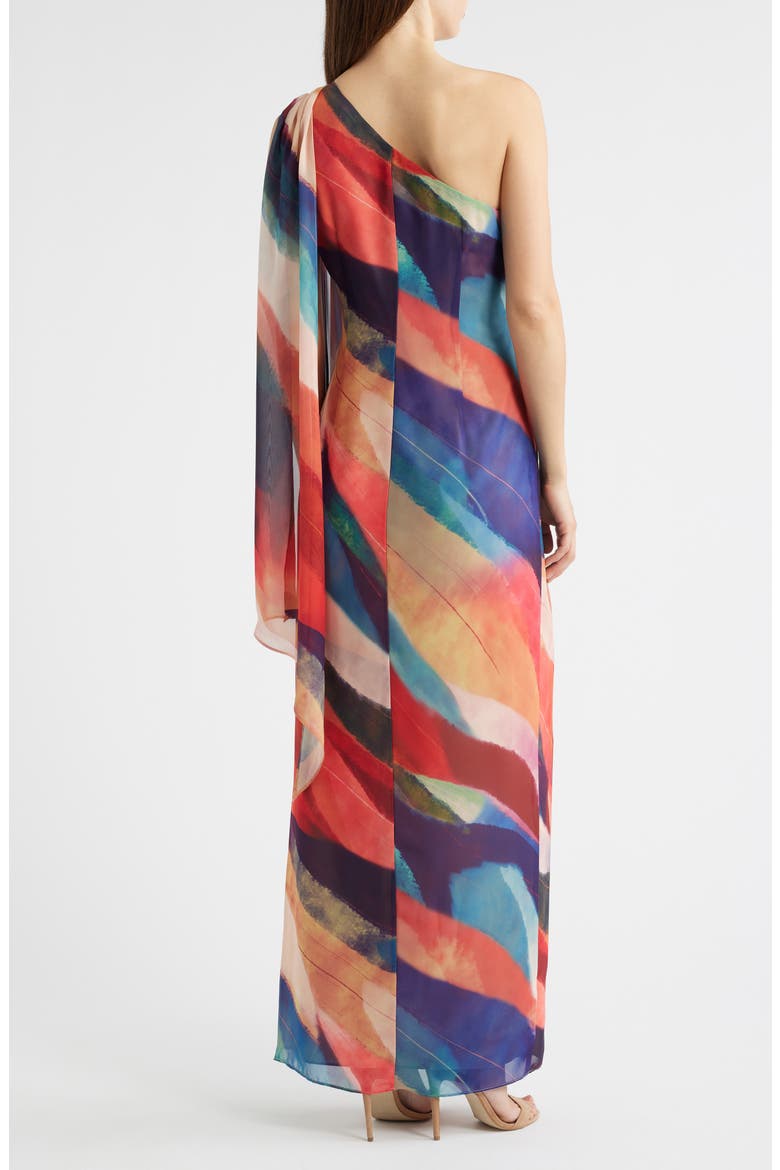 Abstract Stripe One-Shoulder Chiffon Gown, Alternate, color, CORAL MULTI