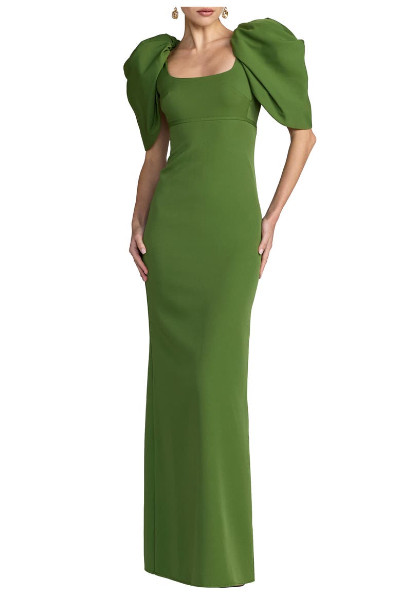 Mac Duggal Crepe Square Neck Gown With Puff Sleeves, Main, color, Moss Green