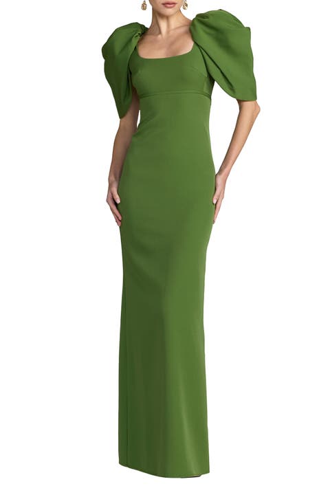 Crepe Square Neck Gown With Puff Sleeves