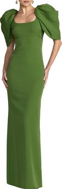 Mac Duggal Crepe Square Neck Gown With Puff Sleeves