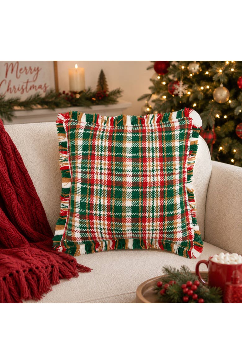 Alpine Plaid with Tassels Cozy Fall Throw Pillow 18" x 18", Alternate, color, Red