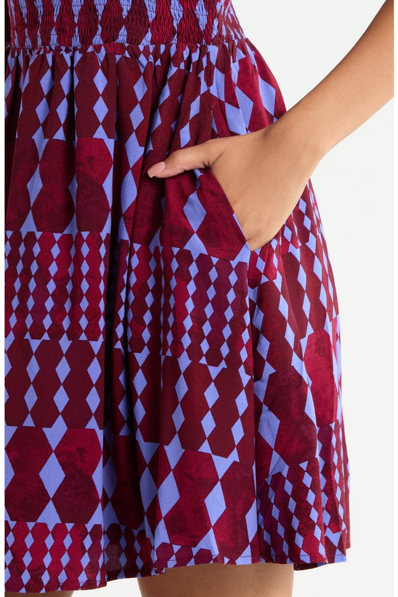 Ramsay Abstract Sulen Smocked Bodice Dress, Alternate, color, BURGUNDY-BLUE