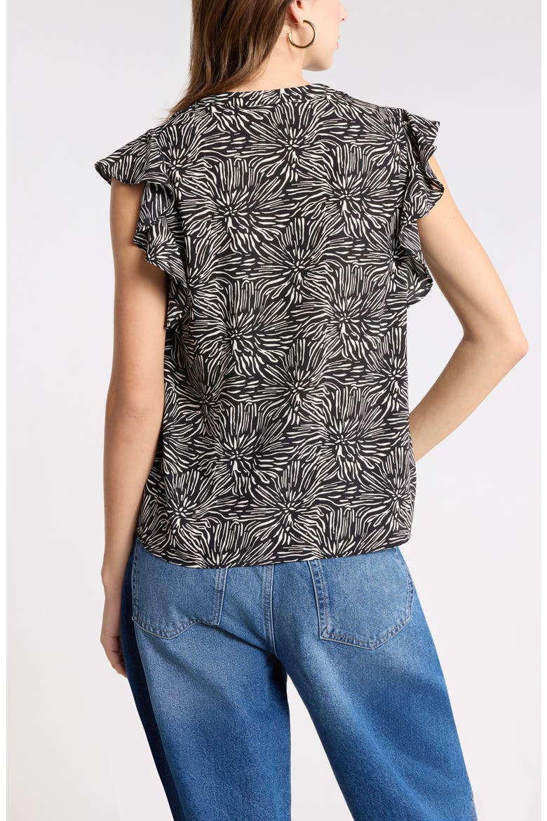Ruffle Sleeve Tie Neck Top, Alternate, color, BLACK- IVORY COASTAL TEXTURE