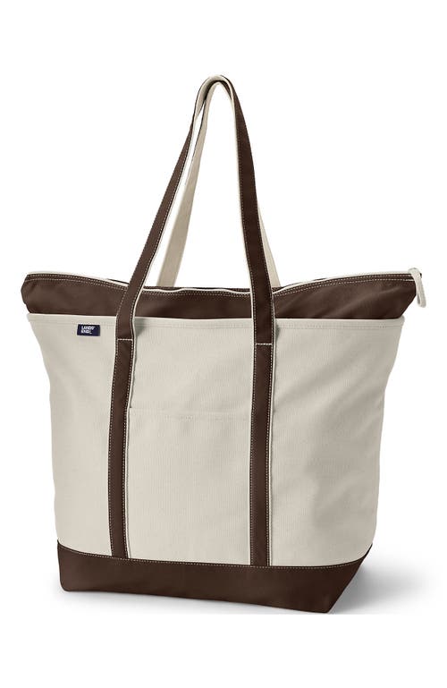 Lands' End Zip Top Long Handle Canvas Tote Bag In Natural/brown Root