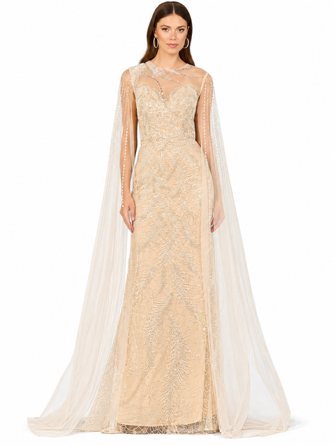 Long Cape Beaded Gown
