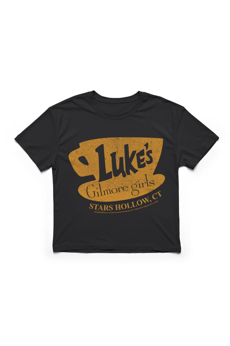 Girls' Luke's Dinner Distressed Logo Graphic Cropped T-Shirt, Alternate, color, Black