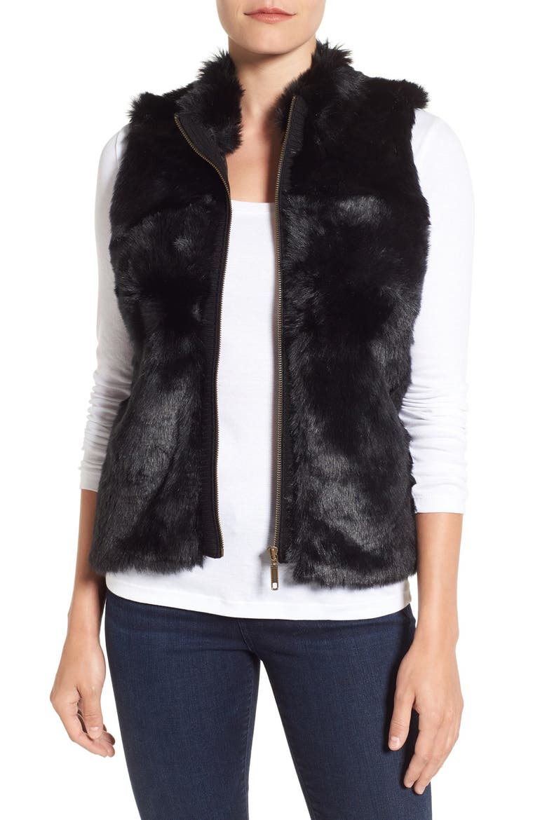 Zip Front Faux Fur Vest, Main, color, BLACK