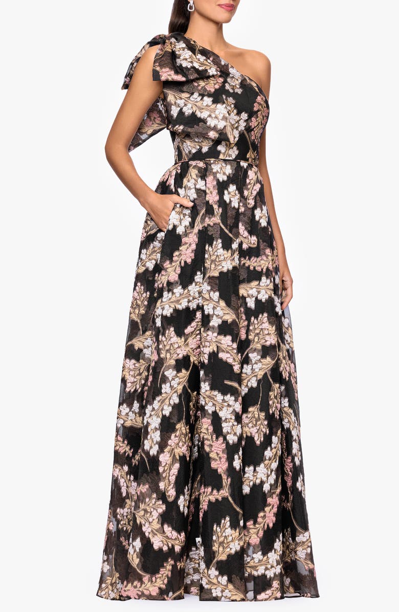Betsy & Adam Floral Organza Brocade Ballgown, Alternate, color, Black/ Rose/ Gold