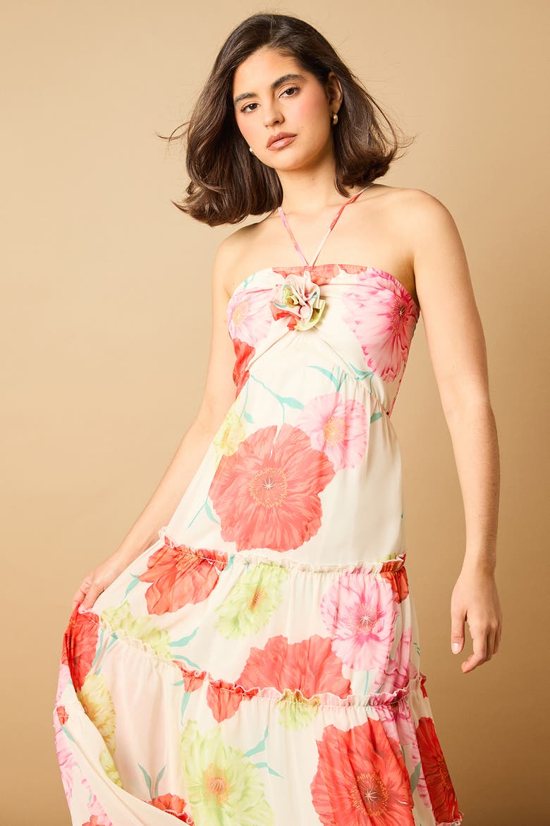 Rosette Detail Halterneck Midi Dress, Alternate, color, Ivory