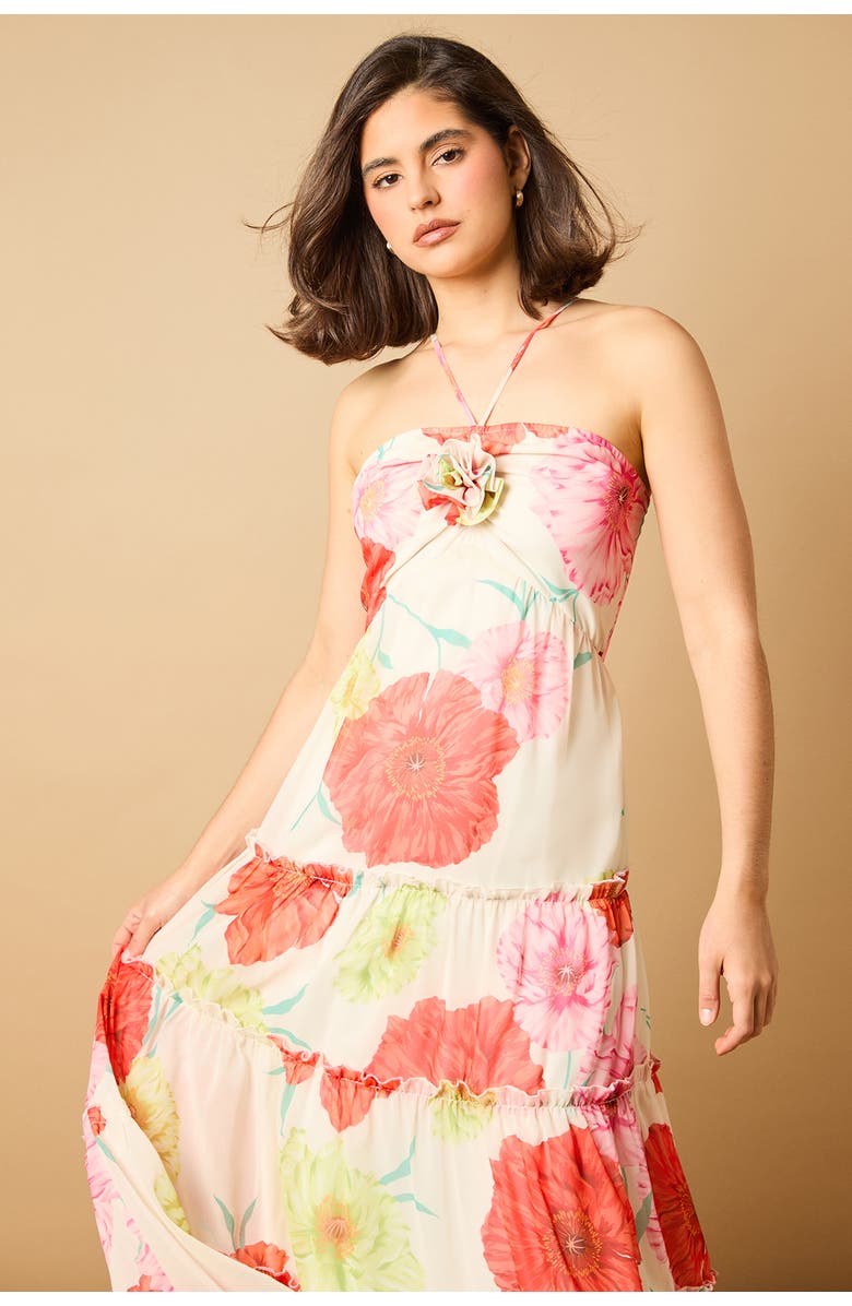 Oasis Rosette Detail Halterneck Midi Dress, Alternate, color, Ivory