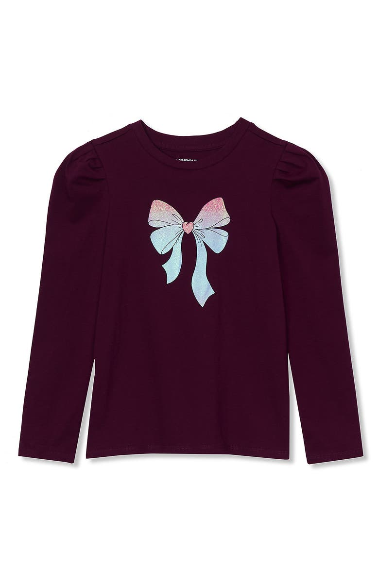 Girls Long Sleeve Graphic Tee With Puff Shoulder, Main, color, Glitter Bow/Plum