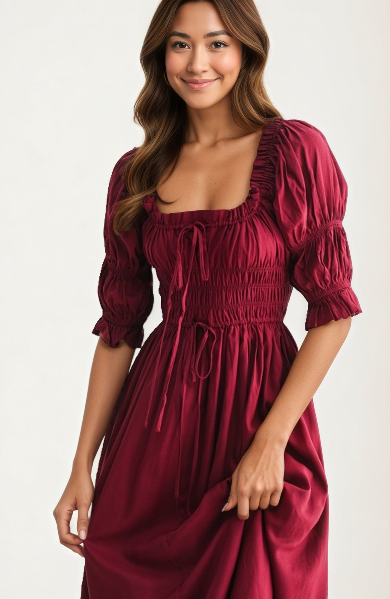 Knit and Lounge Smocked Bodice Puff Sleeve Maxi Dress, Alternate, color, 