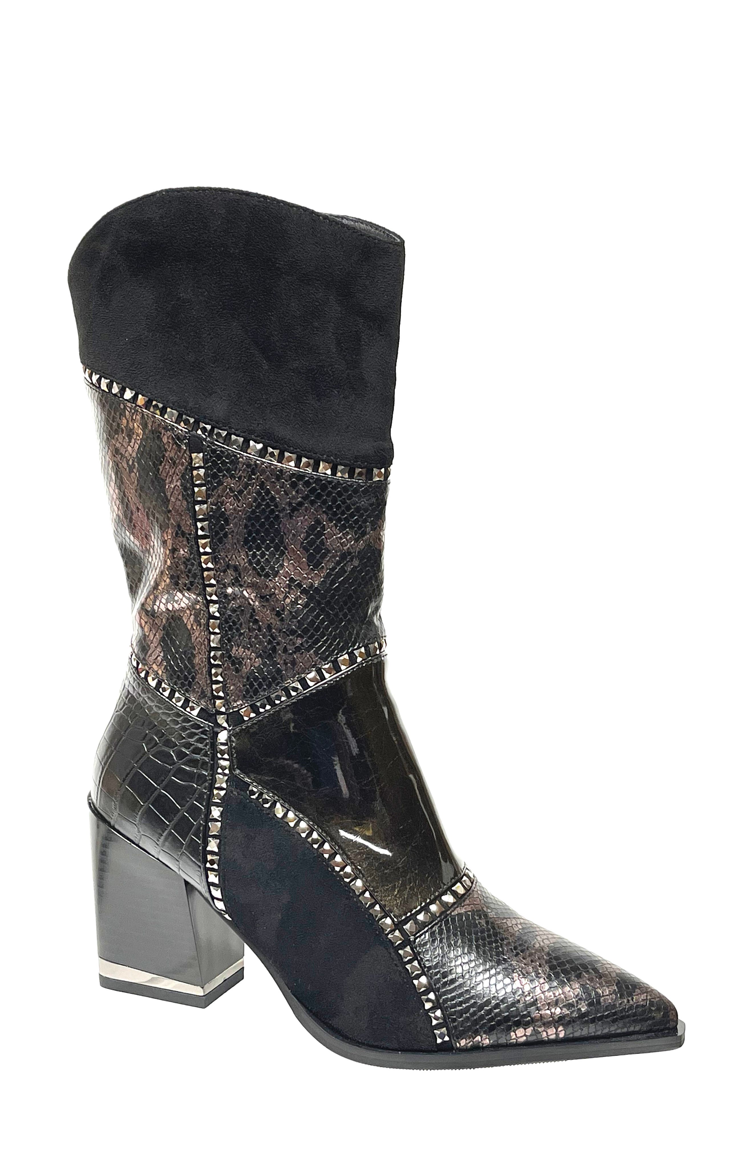 NINETY UNION Art Patchwork Studded Snake Embossed Boot