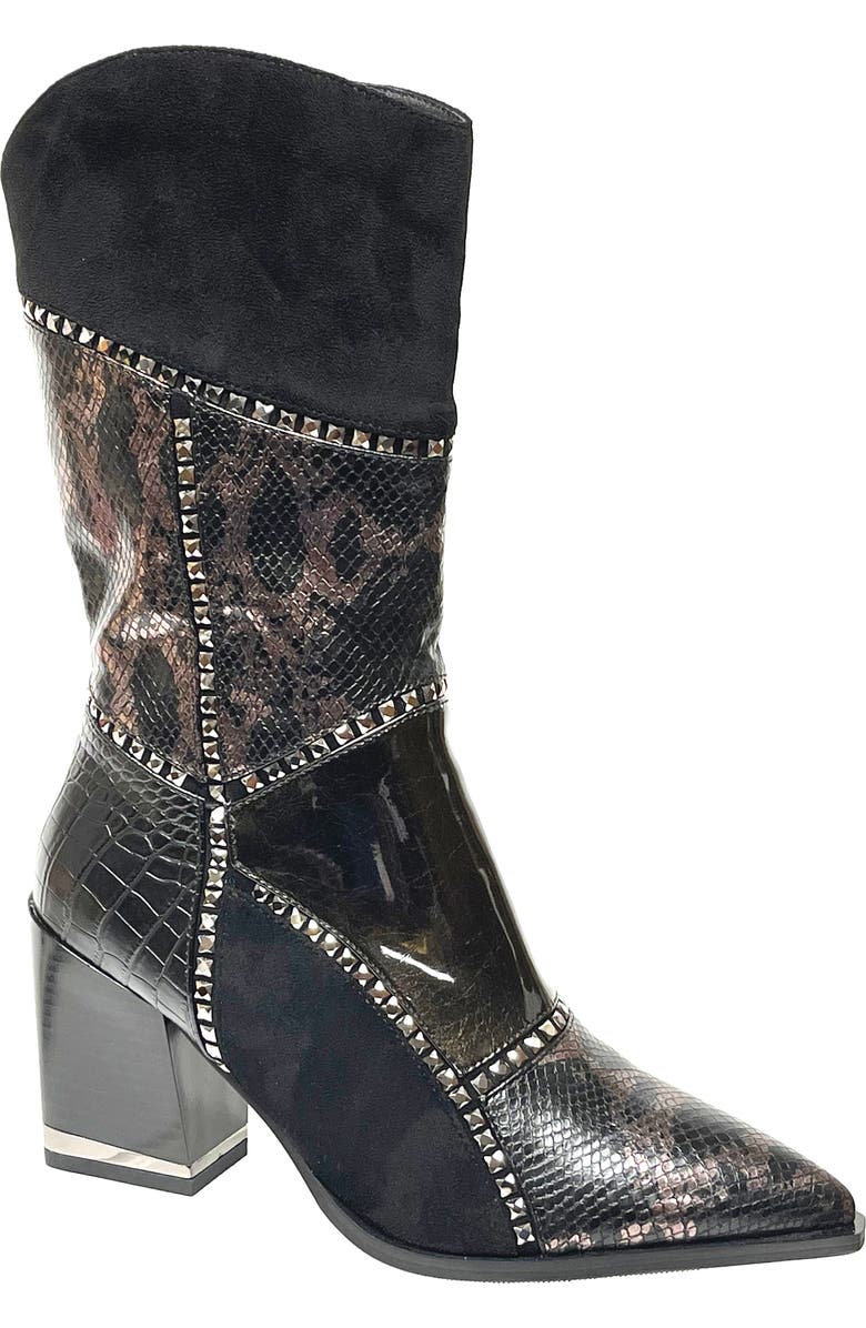 NINETY UNION Art Patchwork Studded Snake Embossed Boot, Main, color, Black