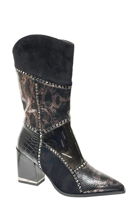 Art Patchwork Studded Snake Embossed Boot (Women)