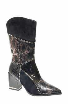 NINETY UNION Art Patchwork Studded Snake Embossed Boot