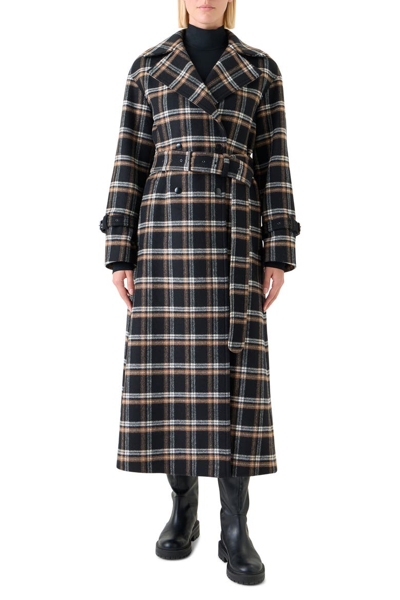 Plaid Double Face Wool Blend Trench Coat, Main, color, BLACK-CAMEL-CREAM