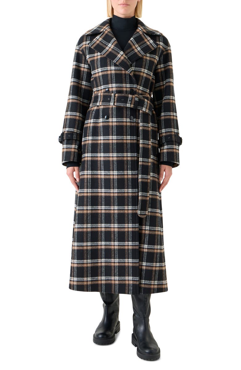 Akris punto Plaid Double Face Wool Blend Trench Coat, Main, color, Black-Camel-Cream