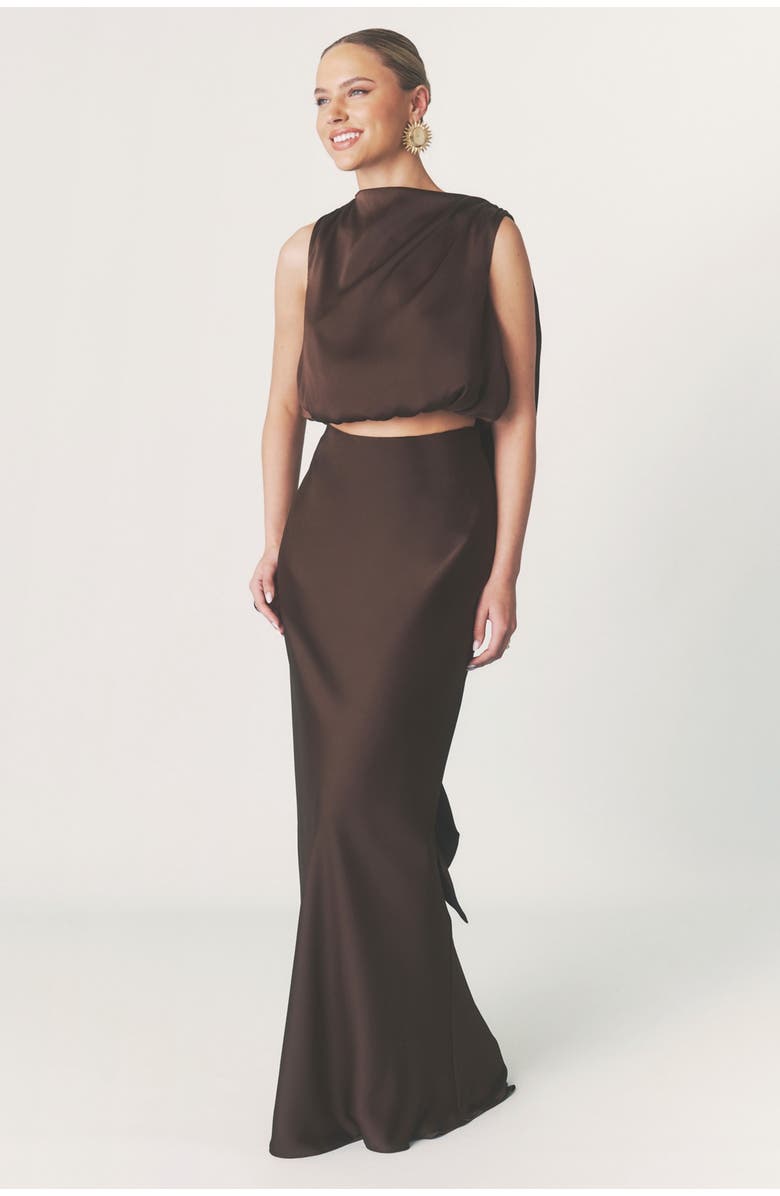 Six Stories Satin Drape Detail High Neck Top, Alternate, color, Chocolate