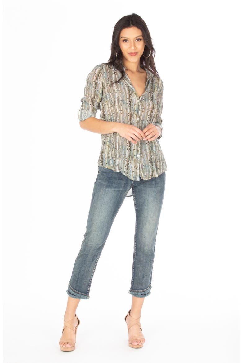 Print Roll Tab Sleeve Button-Up Shirt, Alternate, color, BEIGE MULTI