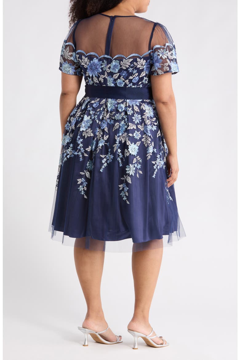 Floral Embroidered Illusion Short Sleeve Cocktail Dress, Alternate, color, NAVY
