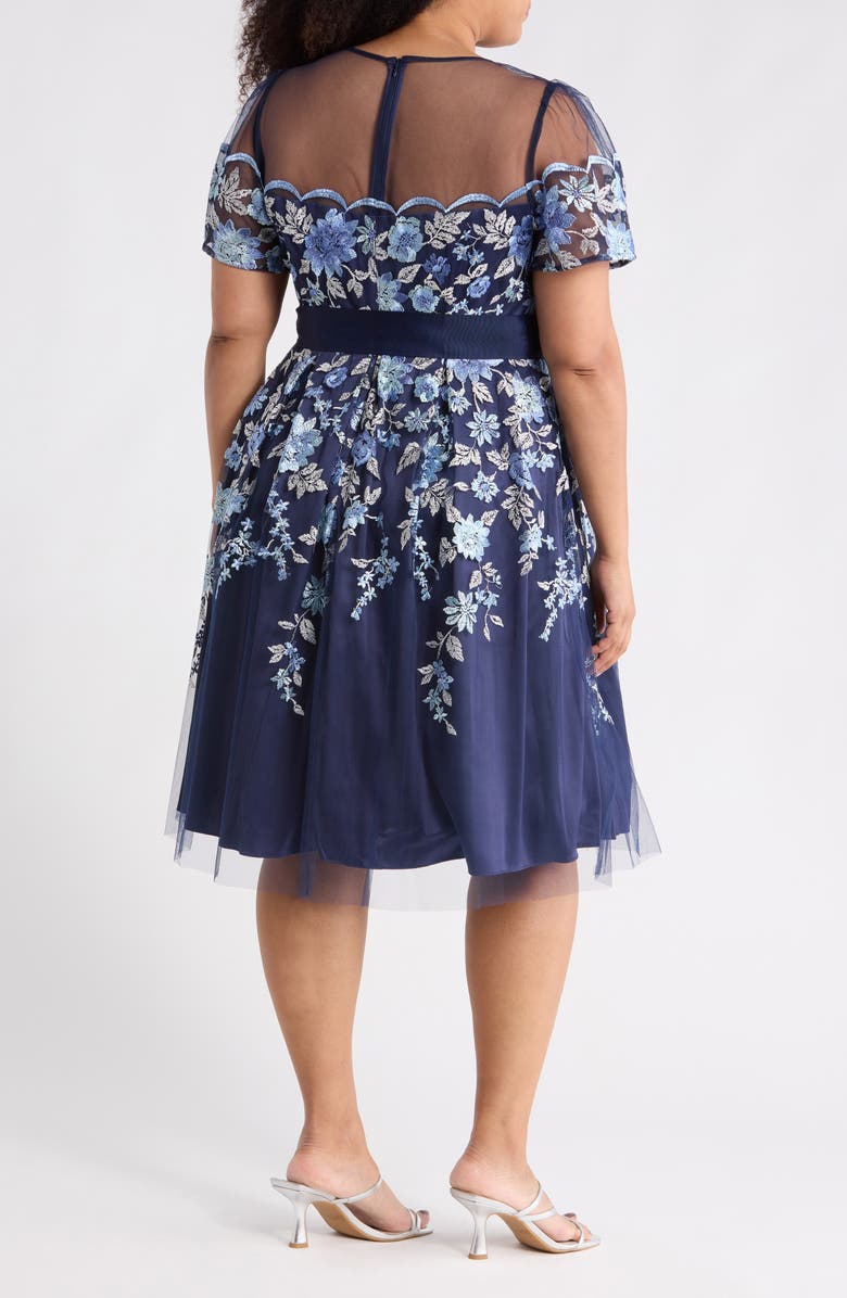 Eliza J Floral Embroidered Illusion Short Sleeve Cocktail Dress, Alternate, color, Navy