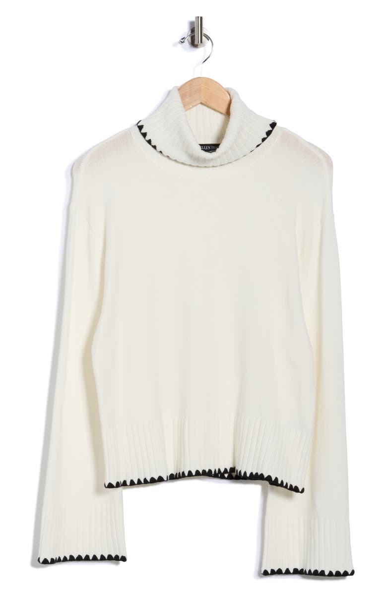 Ellen Tracy Geometric Trim Turtleneck Sweater, Alternate, color, Marshmallow