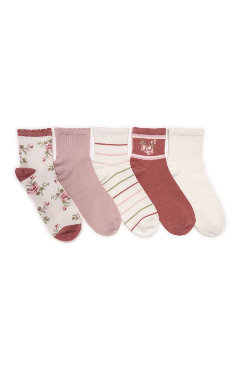 MUK LUKS Quarter Crew Novelty Socks, 5 Pair Pack, Main, color, Pink Floral