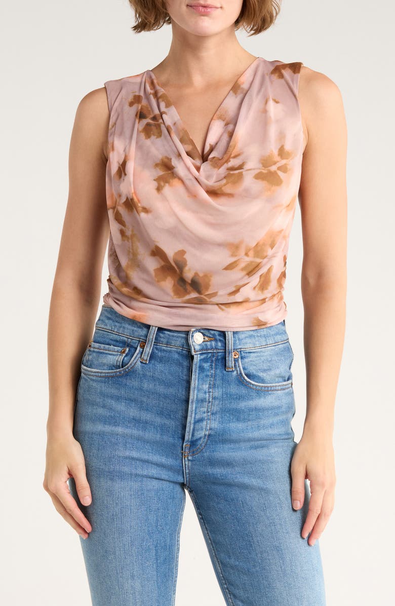 Leith Drape Front Mesh Top, Main, color, Tan- Pink Estes Bloom