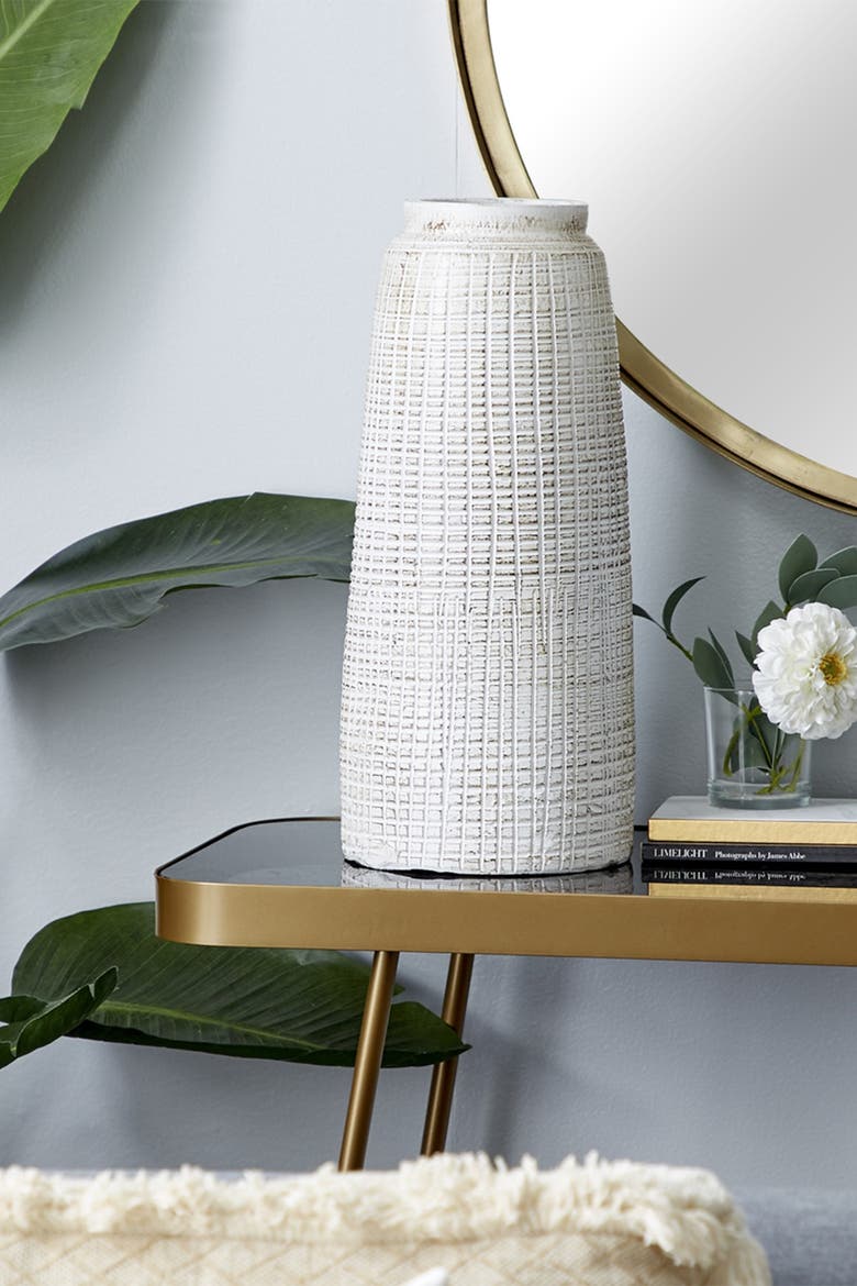 White Ceramic Carved Vase with Crosshatch Design, Alternate, color, WHITE