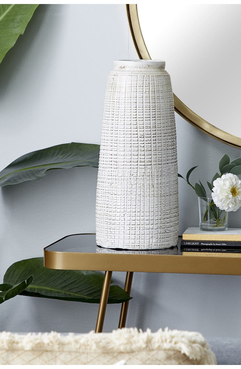 GINGER BIRCH STUDIO White Ceramic Carved Vase with Crosshatch Design, Alternate, color, 