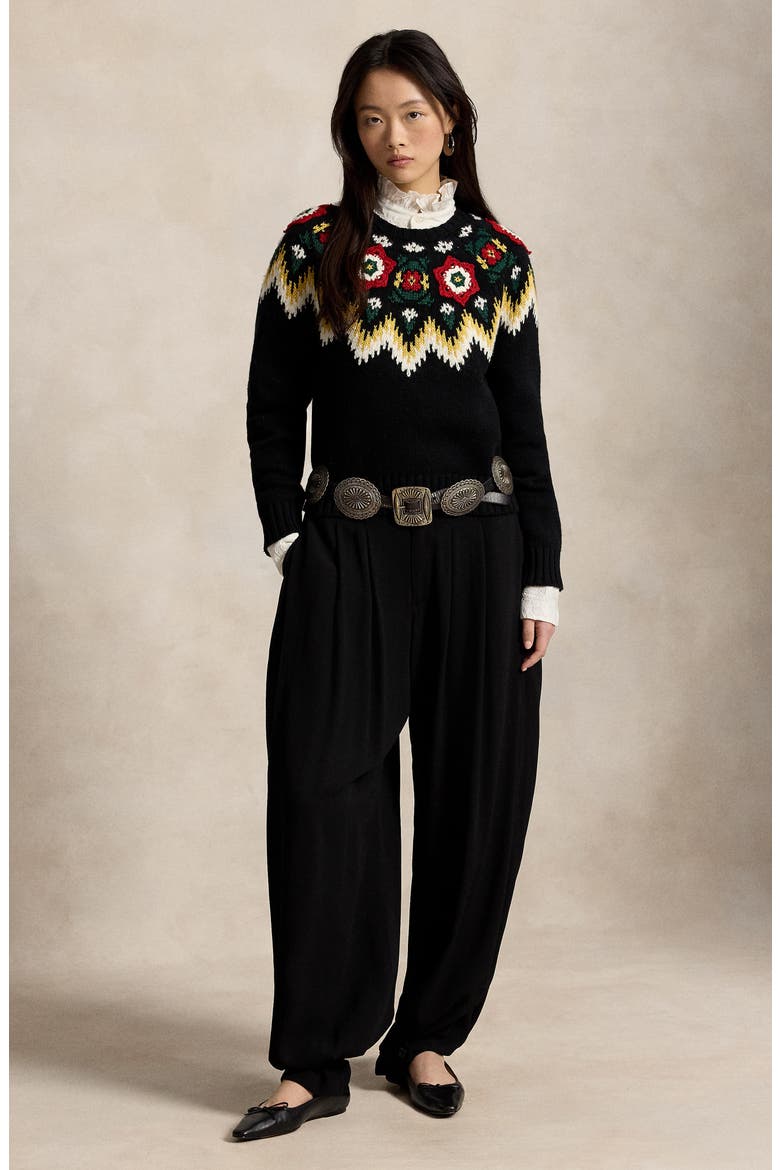 Crocheted Floral Wool & Cotton Sweater, Alternate, color, BLACK