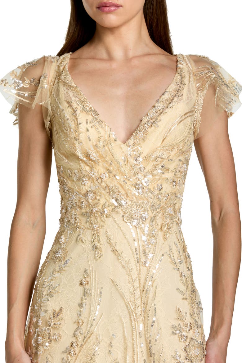 V-Neck Flutter Sleeve Embroidered Lace Evening Gown, Alternate, color, Gold