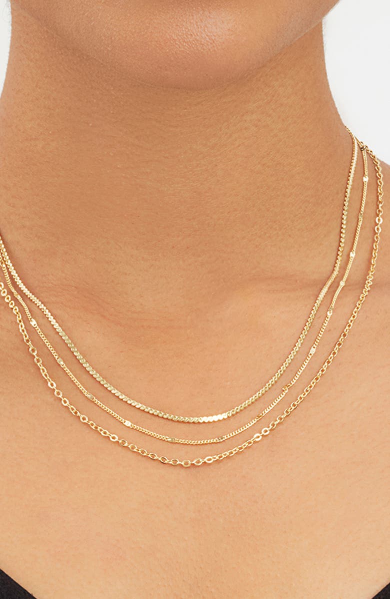 Sterling Forever 14K Gold Plated Dainty Three Layer Chain Necklace, Alternate, color, Gold