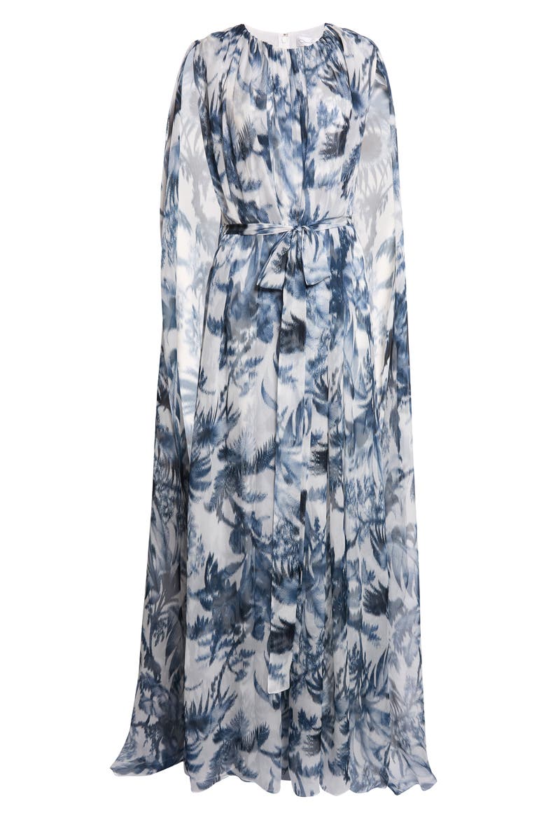 Chiné Palm Leaves Print Silk Caftan, Alternate, color, NAVY/ WHITE