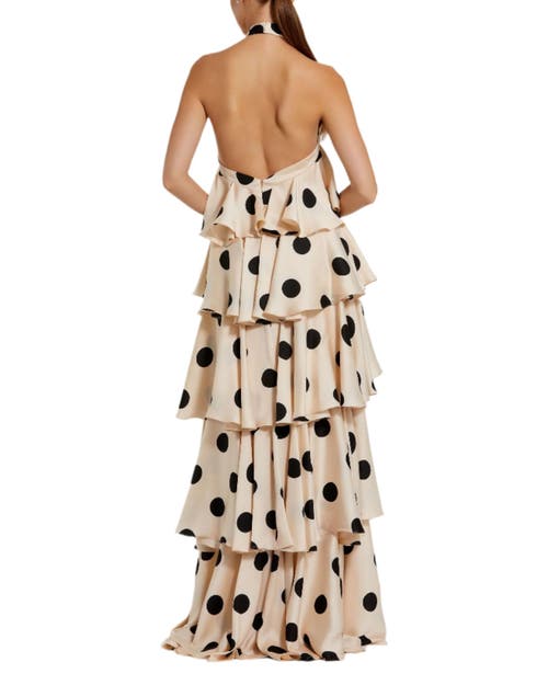 Mac Duggal Polka Dot Charmeuse Halter Tiered Ruffle Gown