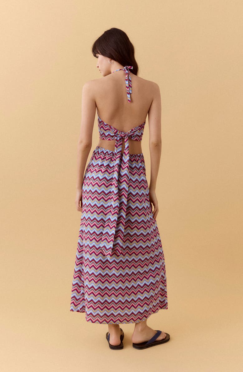 MANGO TEEN Print Cutout Halter Midi Dress, Alternate, color, Sky Blue