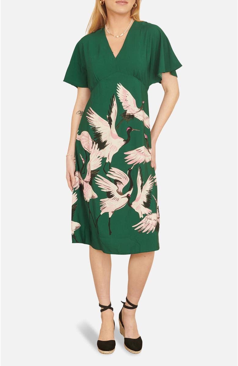 Yumi Crane Print Midi Dress, Alternate, color, Green